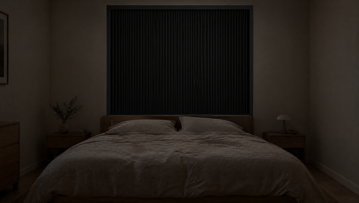 After: Noctis Blinds panel sealed in the window, room in darkness