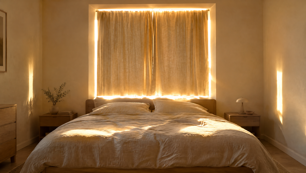Before: standard curtains leaking sunlight around the edges