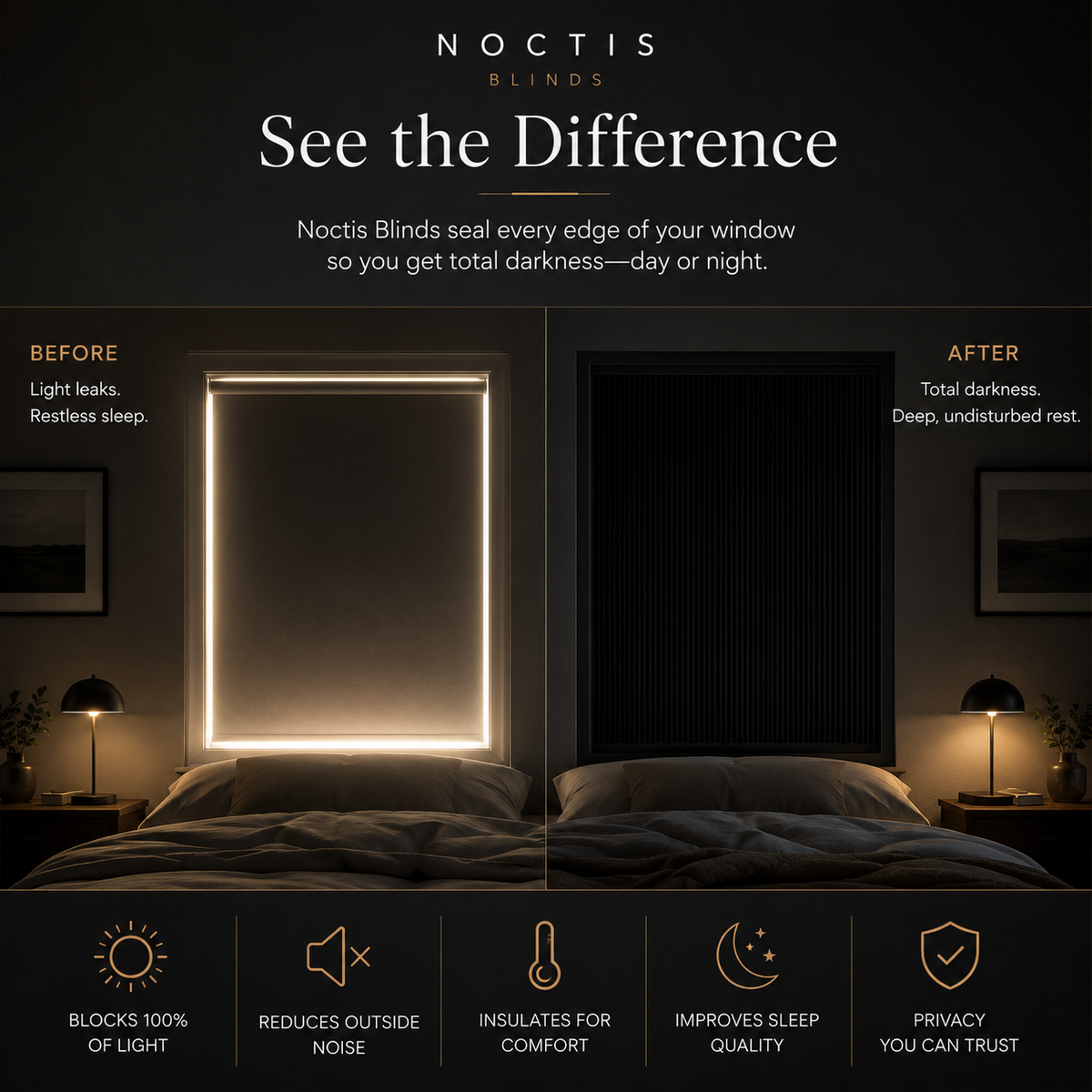 Before and after: standard curtains versus a sealed Noctis Blinds panel