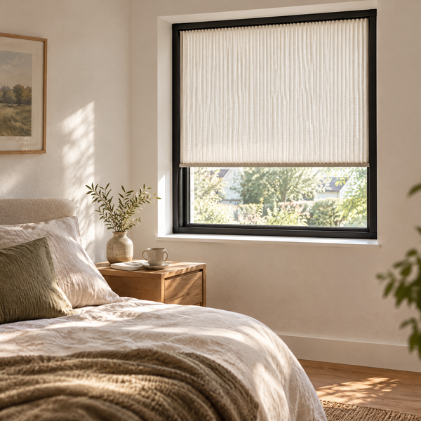 Illustrative image: bedroom in daylight with an Alabaster Noctis Blinds panel
