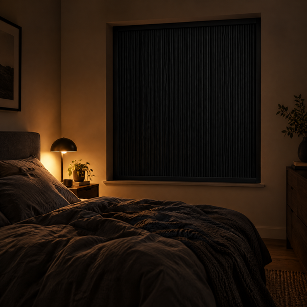 Illustrative image: bedroom at night with a Graphite Noctis Blinds panel closed