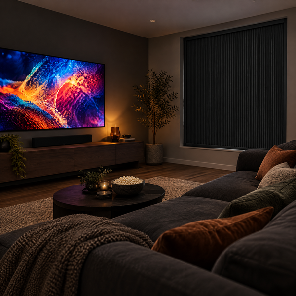 Illustrative image: home cinema darkened by Noctis Blinds