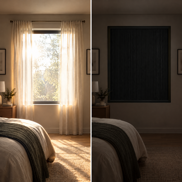 Illustrative image: the same window with curtains and with Noctis Blinds