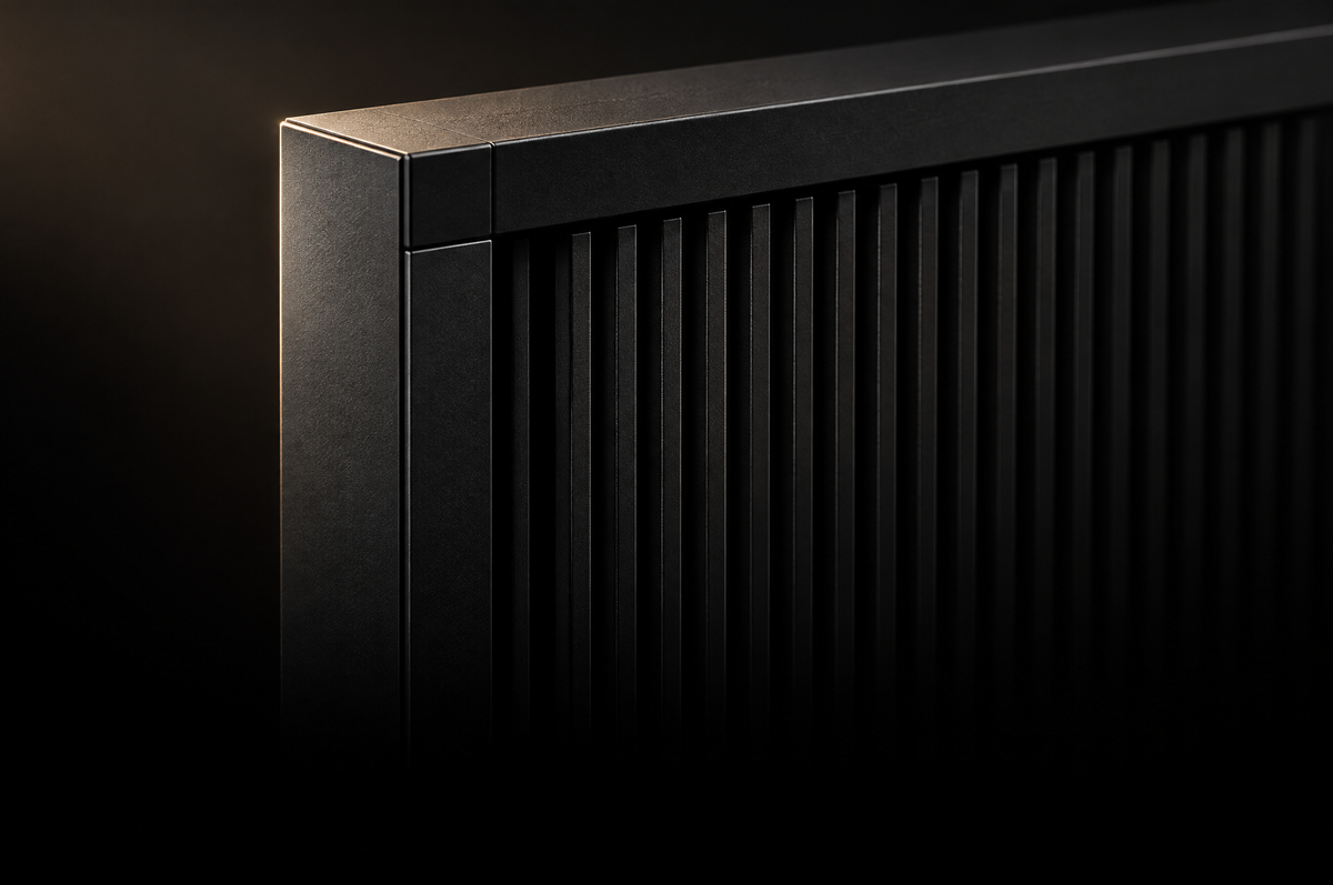 Thick matte-black aluminum frame corner
